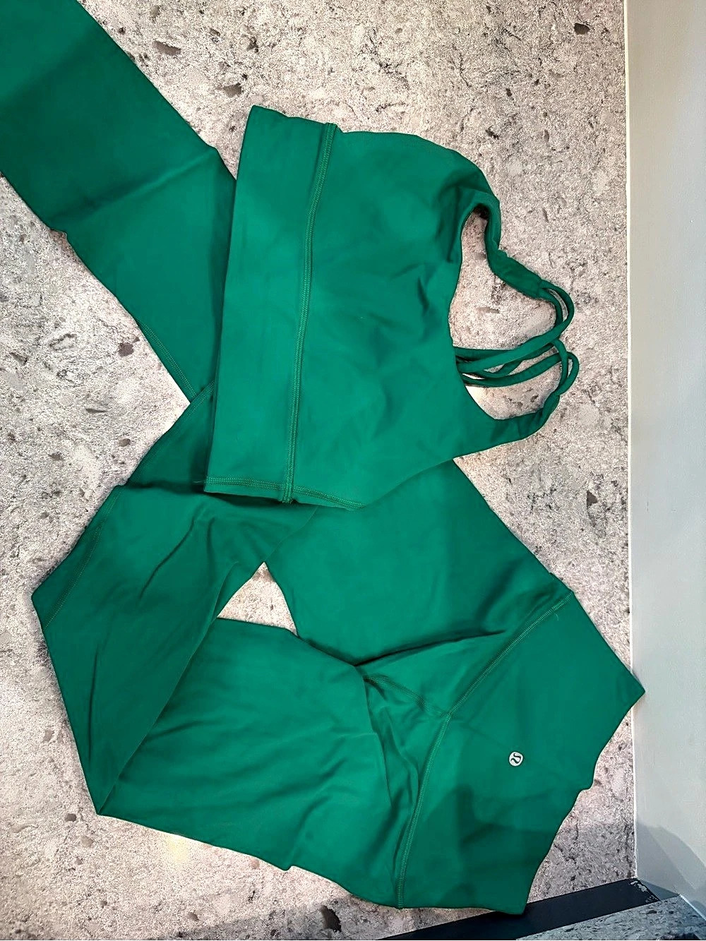 Lululemon Kelli Green leggings with matching athletic sports bra